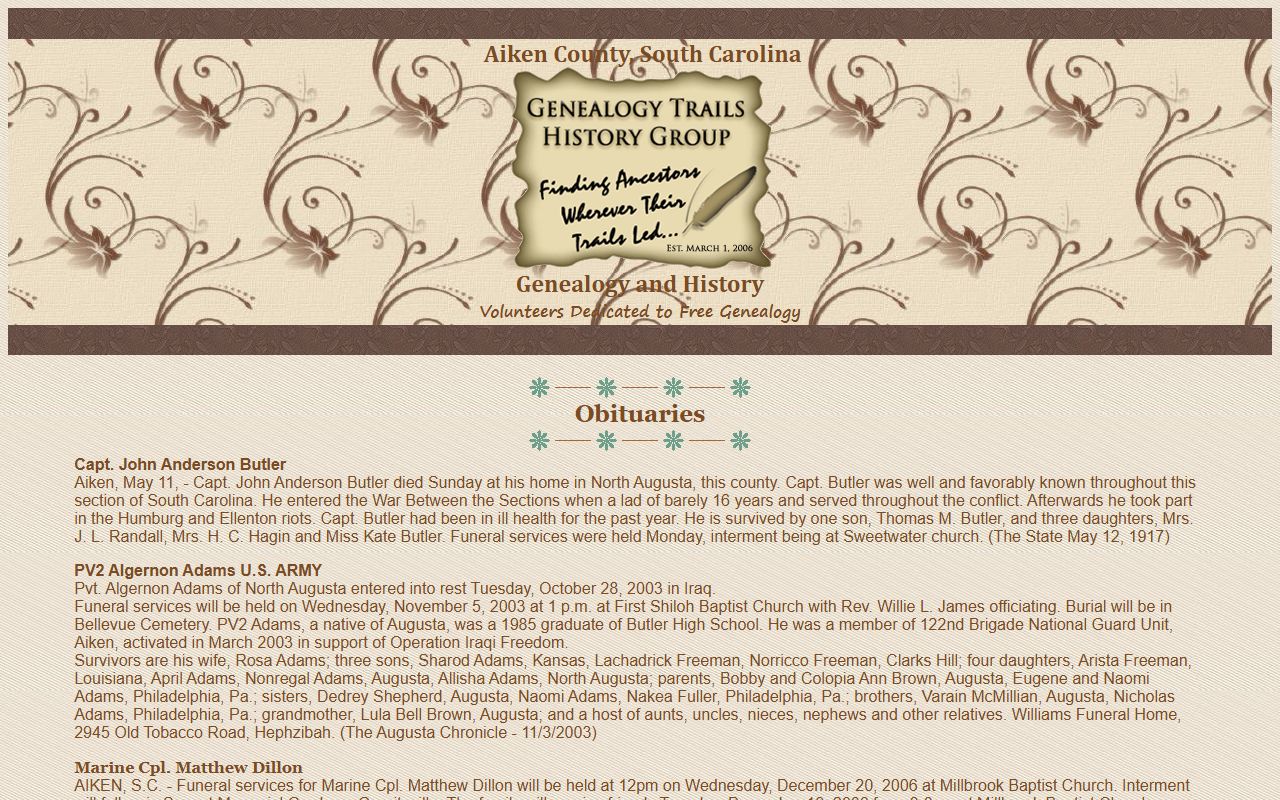 Aiken County obituary records from Genealogy Trails