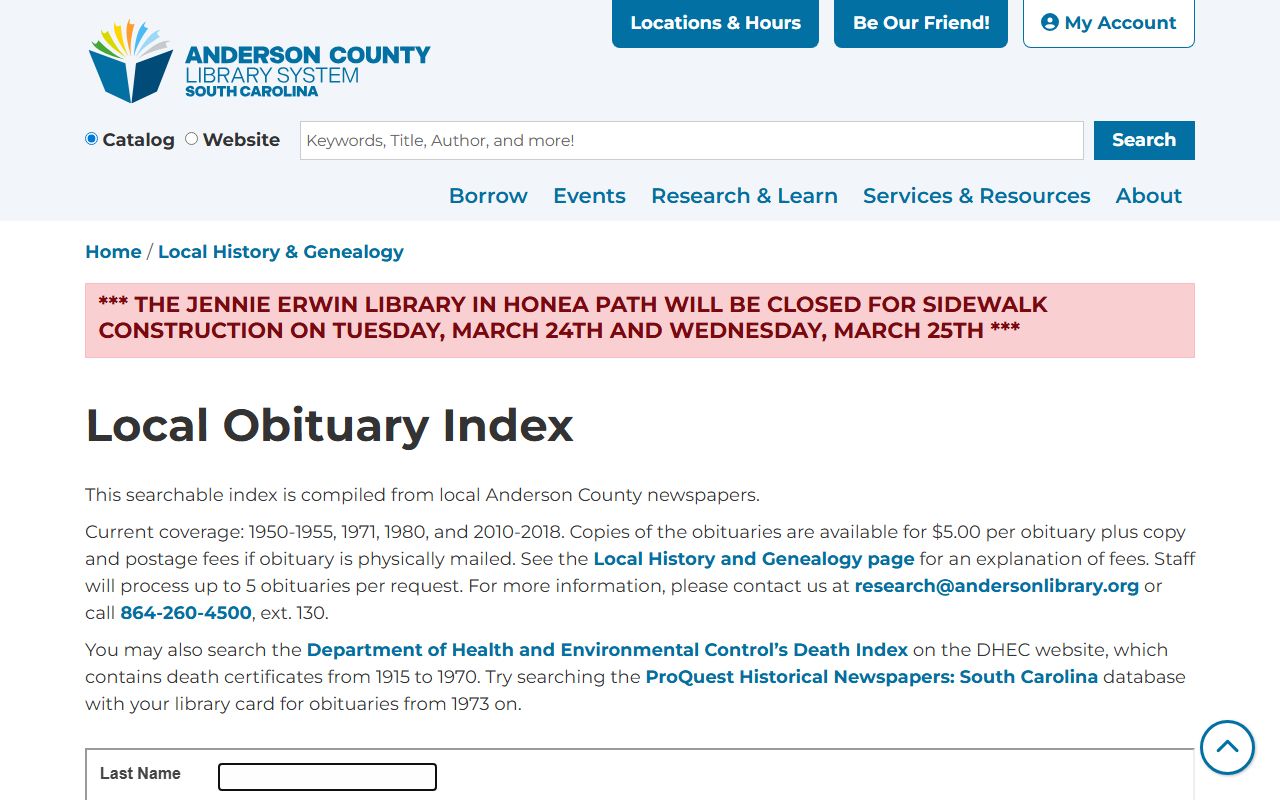 Anderson County Library obituary index resources