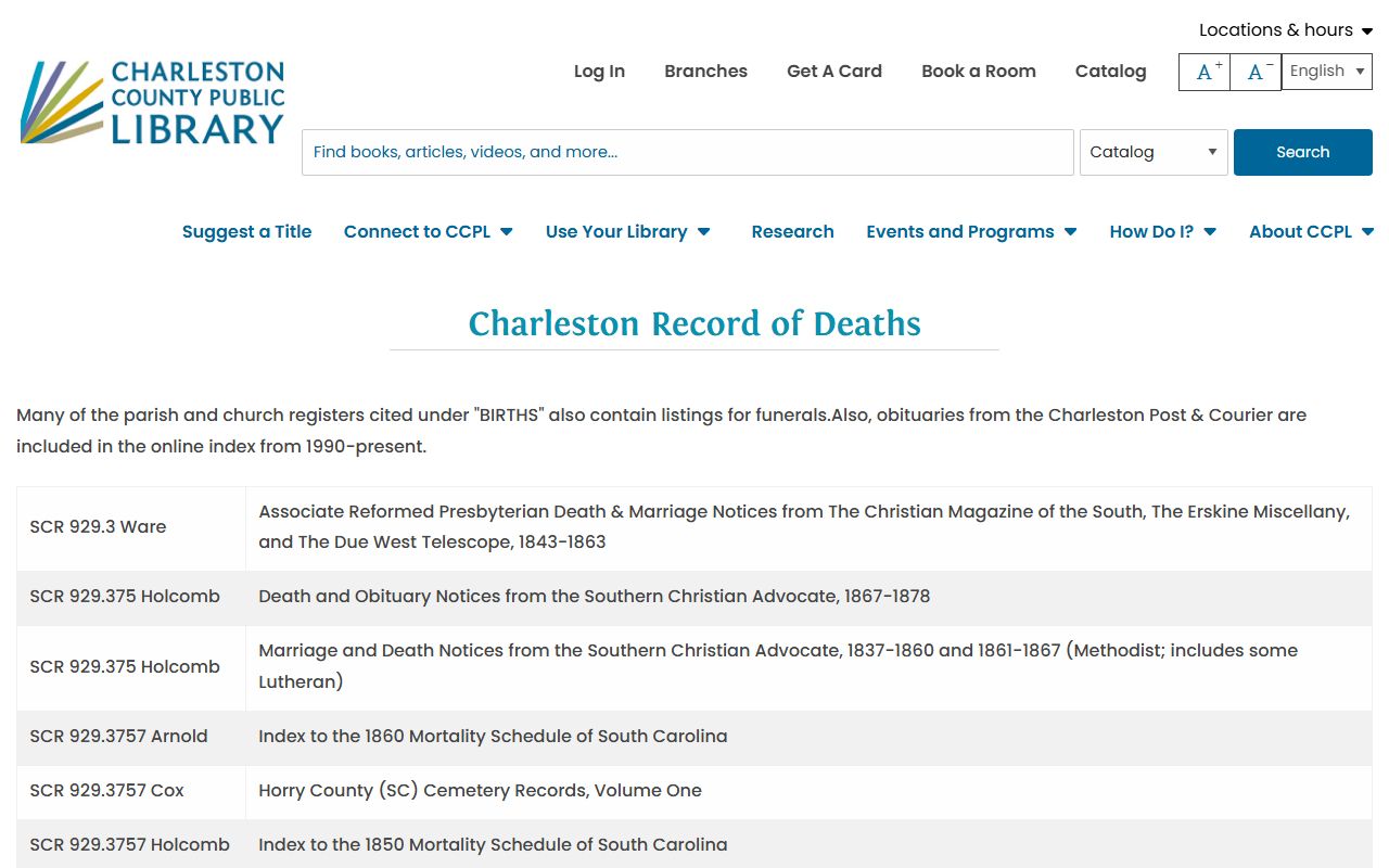 Charleston County record of deaths historical archives