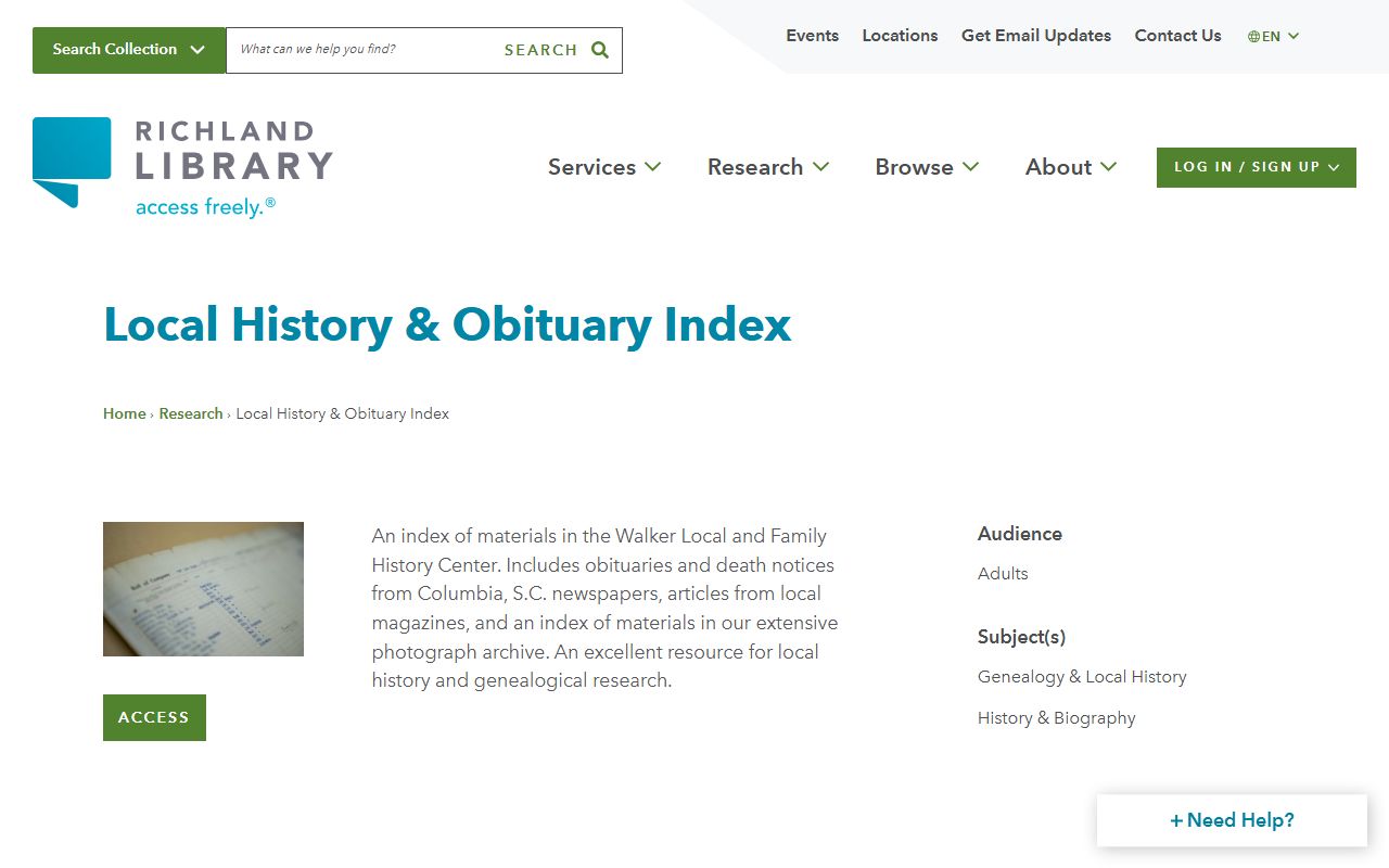 Richland Library obituary index search page for Columbia and Midlands area records