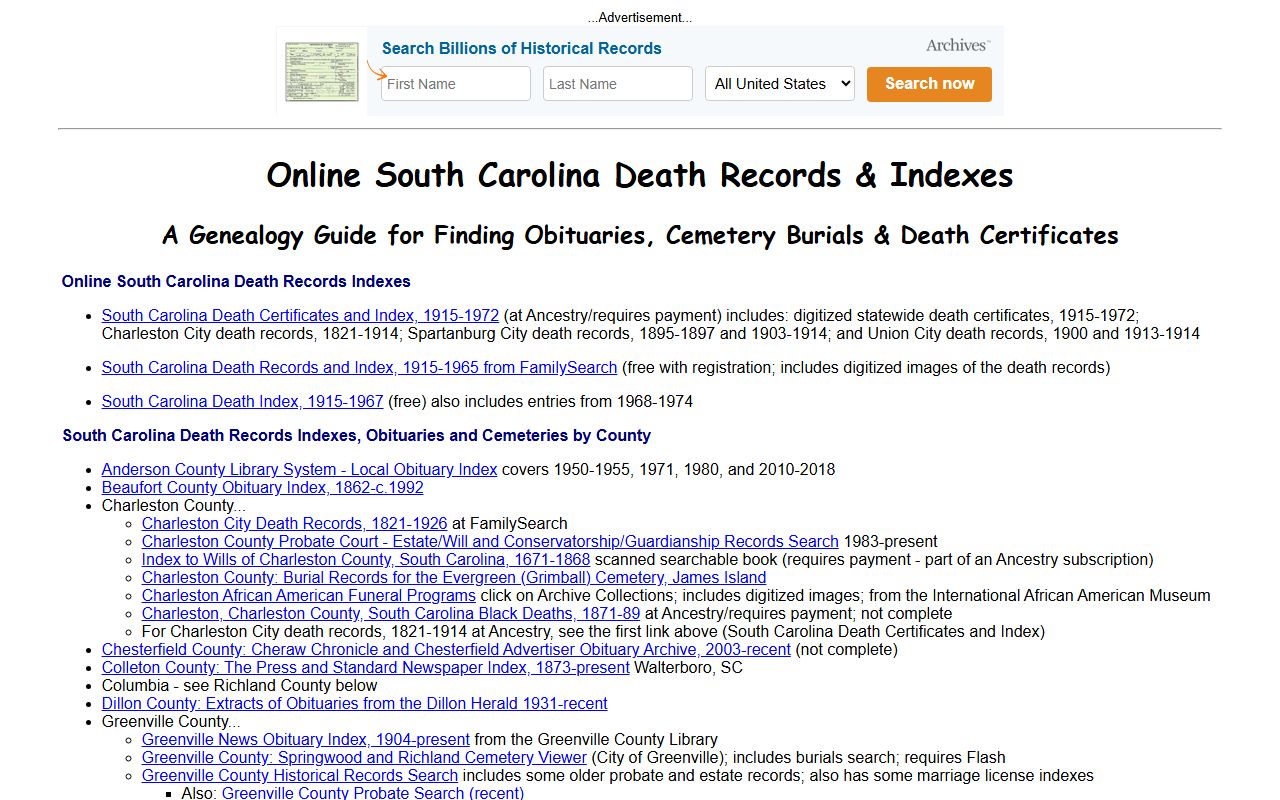 South Carolina Death Indexes online search interface for obituary records