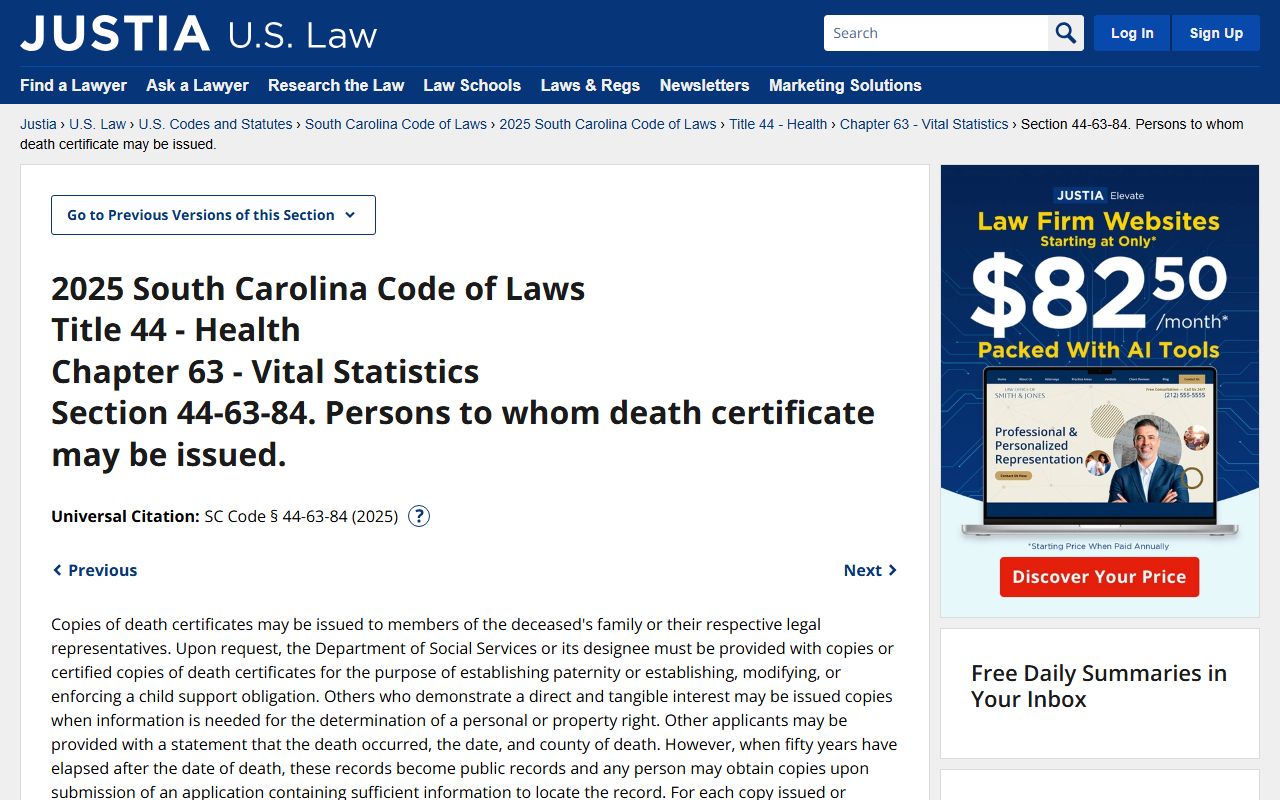 South Carolina Code of Laws vital statistics section for obituary records access