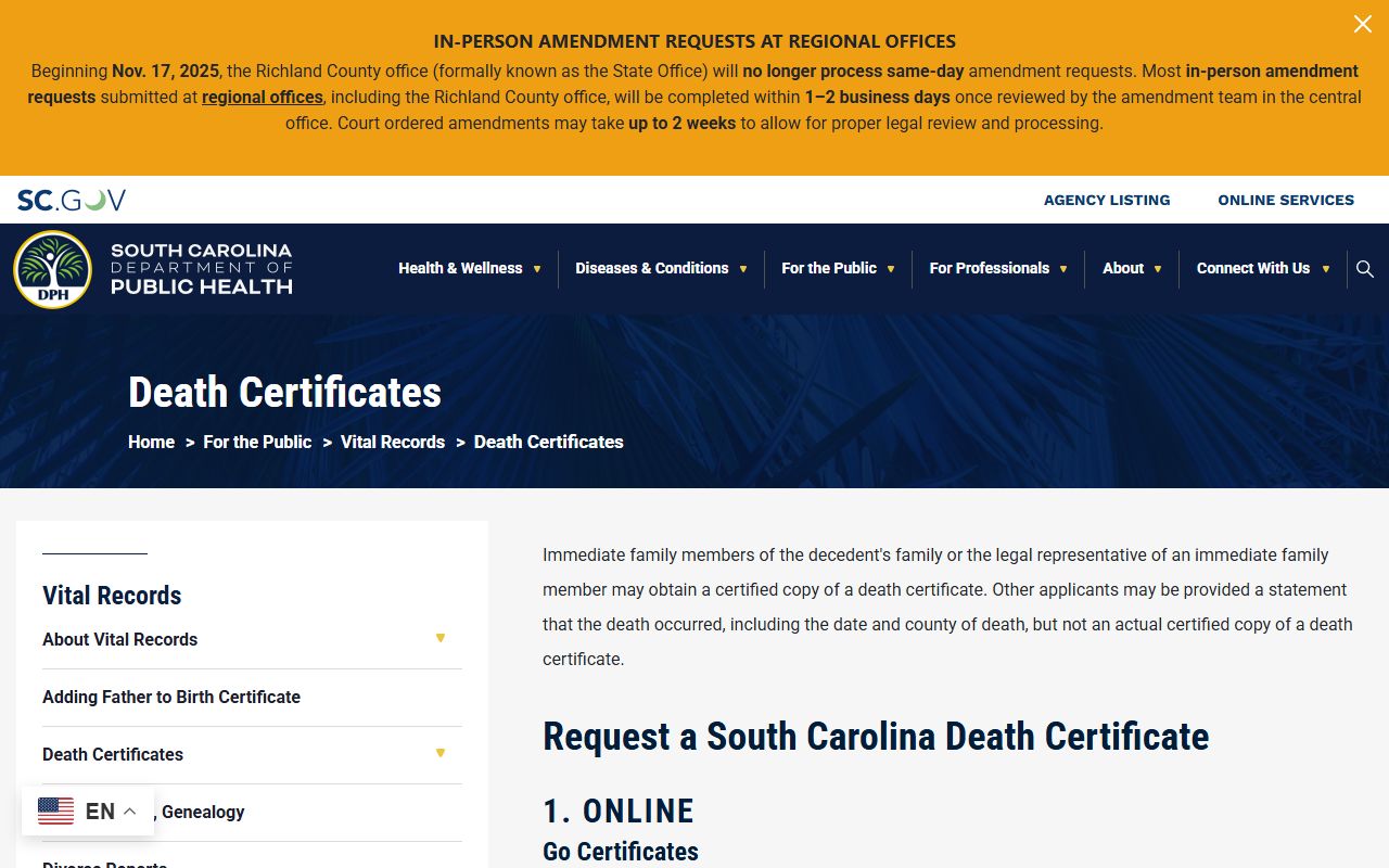 South Carolina DPH Vital Records death certificate ordering page