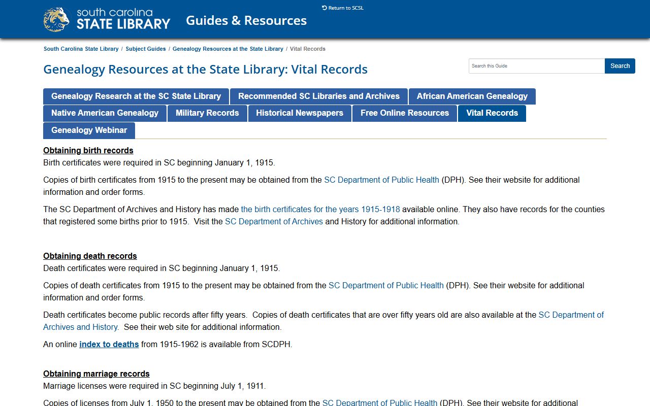 South Carolina State Library genealogy vital records guide